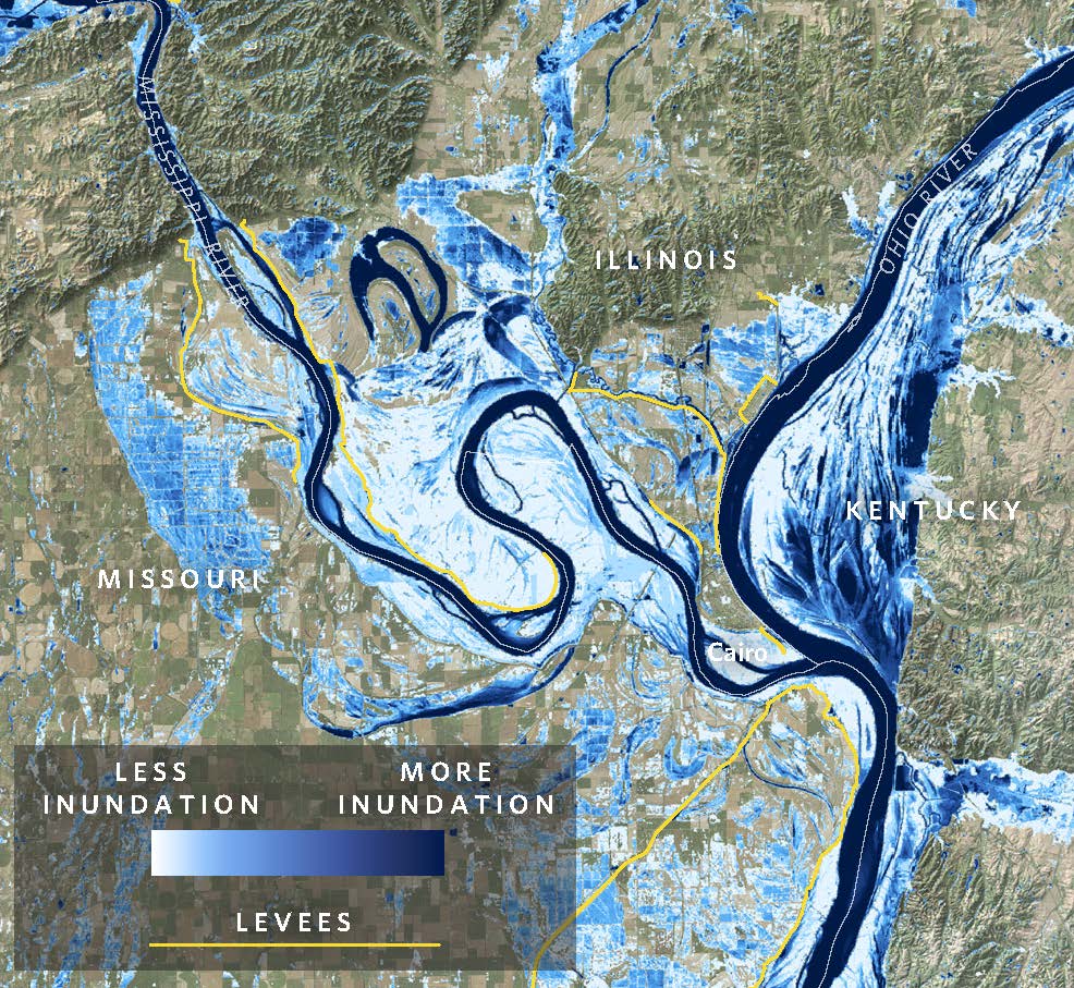 A map of the Mississippi River near Cairo, Illinois, shows areas that have been inundated in blue.